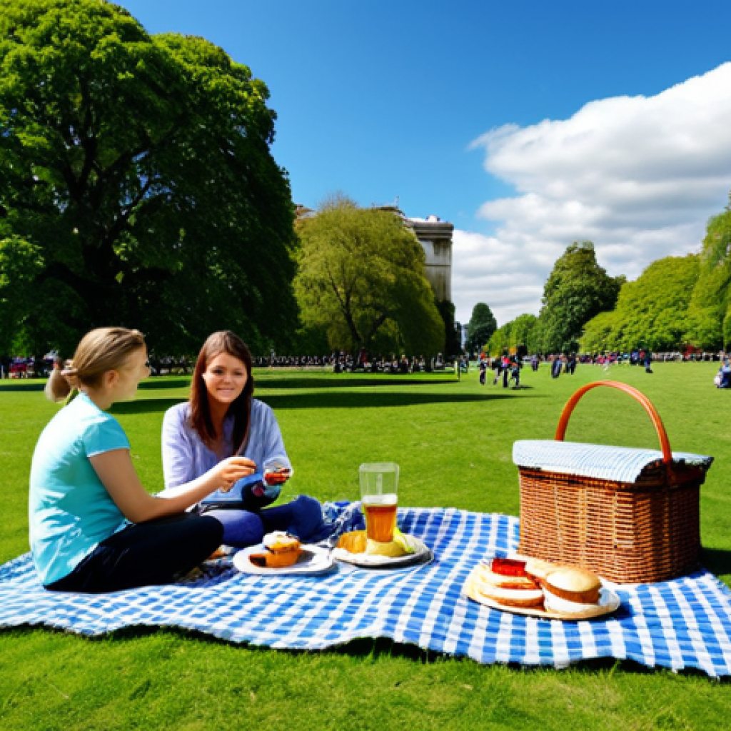 Picnic in a British Park**
"A family-friendly picnic scene in Hyde Park, London. A checkered blanket spread out on the green grass with a wicker picnic basket. Fully clothed people enjoying sandwiches, scones, and tea. Trees in the background, blue sky with fluffy clouds. Safe for work, appropriate content, fully clothed, professional photography, perfect anatomy, natural proportions, high quality."
**