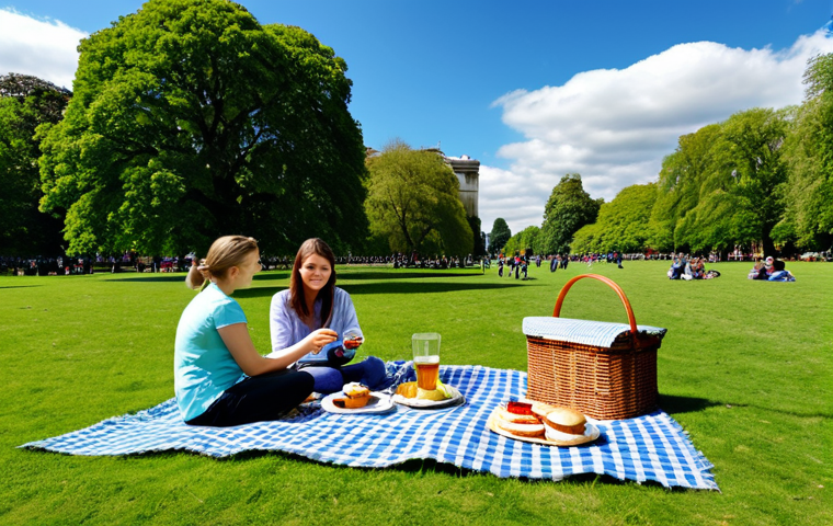 Picnic in a British Park**

"A family-friendly picnic scene in Hyde Park, London. A checkered blanket spread out on the green grass with a wicker picnic basket. Fully clothed people enjoying sandwiches, scones, and tea. Trees in the background, blue sky with fluffy clouds. Safe for work, appropriate content, fully clothed, professional photography, perfect anatomy, natural proportions, high quality."

**