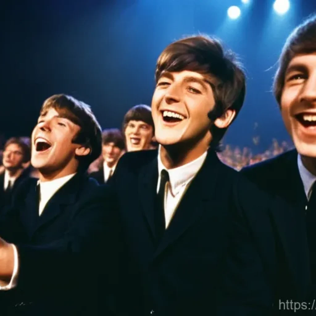 비틀즈 음악사적 의미 - **Prompt:** A vibrant, high-energy photograph capturing the early 1960s "Beatlemania" era. Four yout...