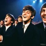 비틀즈 음악사적 의미 - **Prompt:** A vibrant, high-energy photograph capturing the early 1960s "Beatlemania" era. Four yout...