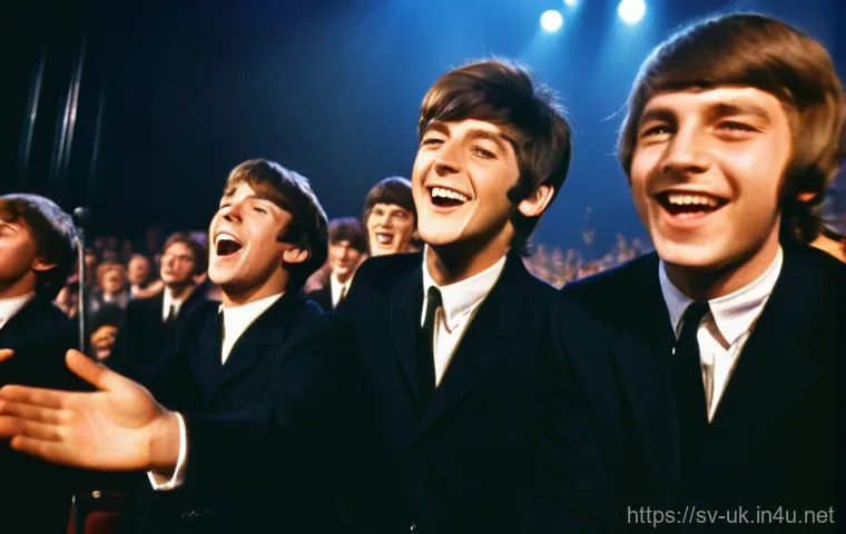 비틀즈 음악사적 의미 - **Prompt:** A vibrant, high-energy photograph capturing the early 1960s "Beatlemania" era. Four yout...