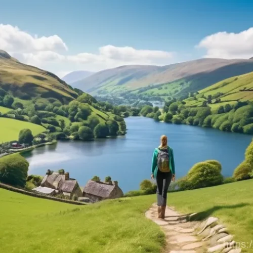 영국 대표 관광지 추천 - **"A picturesque scene in the Lake District, England, featuring a young woman in comfortable hiking ...