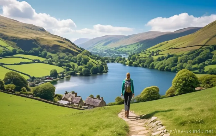 영국 대표 관광지 추천 - **"A picturesque scene in the Lake District, England, featuring a young woman in comfortable hiking ...