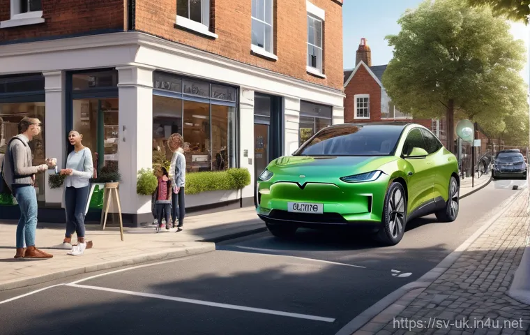 영국의 전기차 보급률 - **Prompt: "A vibrant, sunny street scene in a modern British town, depicting diverse individuals and...