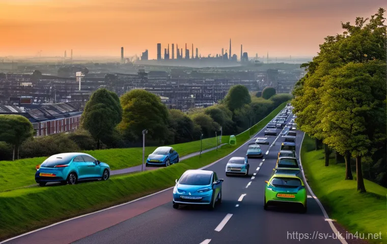 영국의 전기차 보급률 - **Prompt: "A vibrant, sunny street scene in a modern British town, depicting diverse individuals and...
