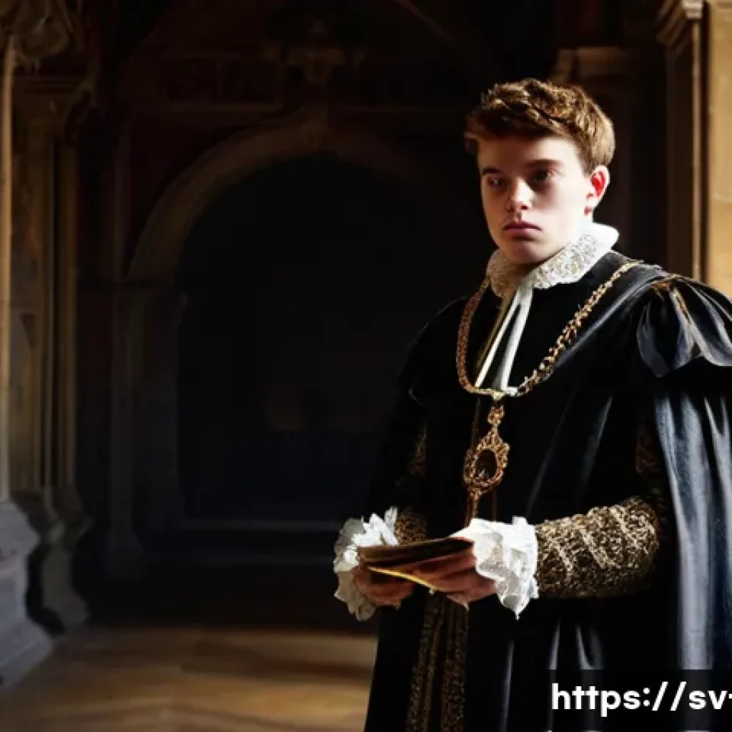 셰익스피어 작품별 특징 - **Prompt:** A somber, contemplative young man, dressed in opulent yet subtly worn Elizabethan court ...