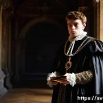 셰익스피어 작품별 특징 - **Prompt:** A somber, contemplative young man, dressed in opulent yet subtly worn Elizabethan court ...