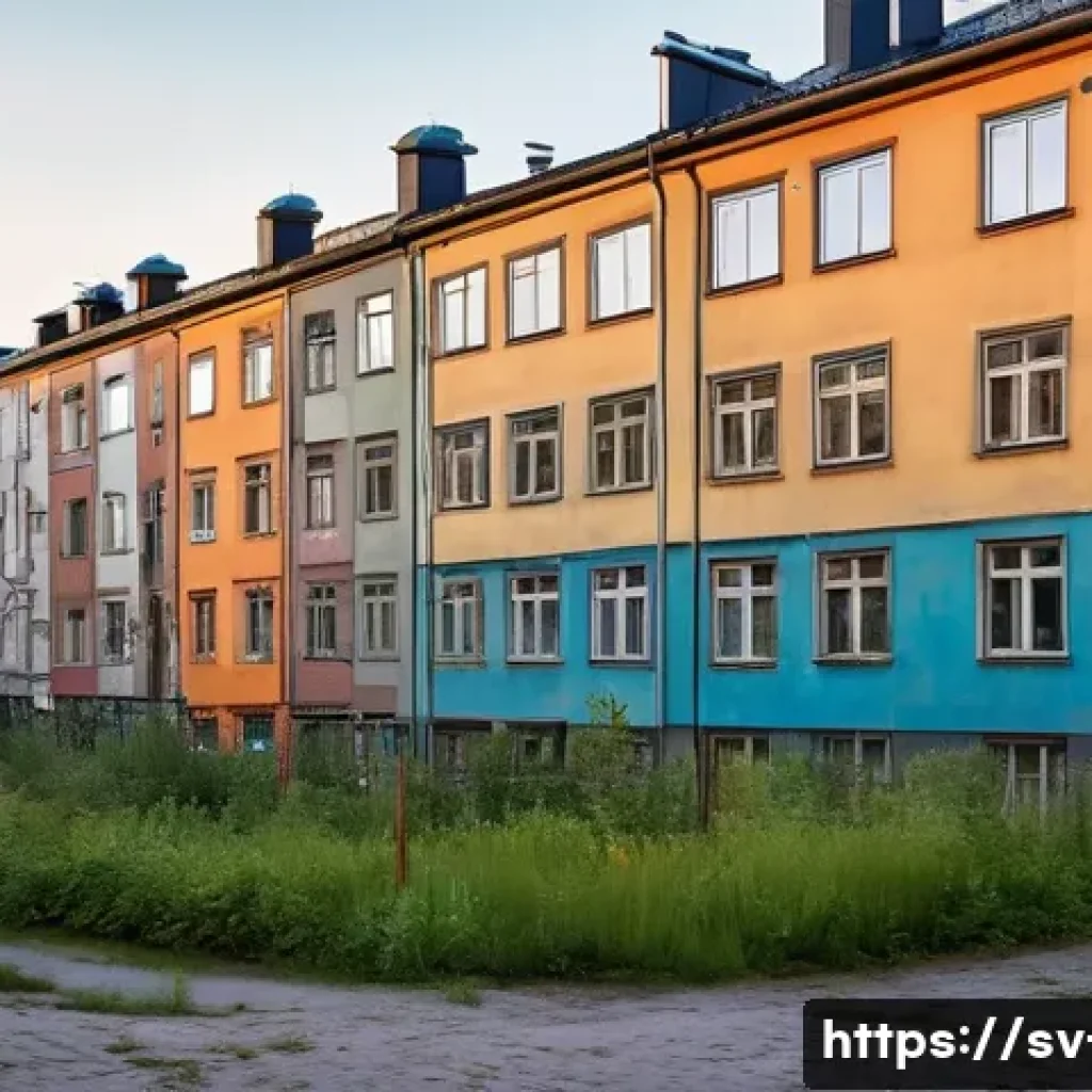 영국에서 가장 위험한 지역 - A detailed urban scene in a disadvantaged Stockholm neighborhood during early evening, showing older...