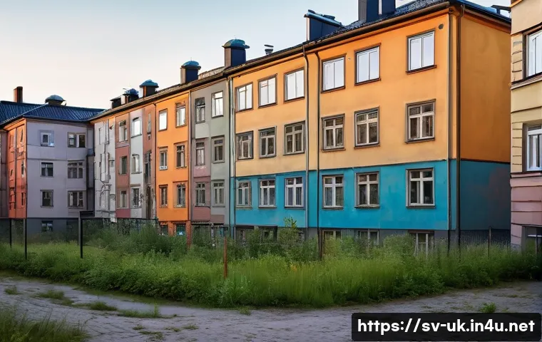 영국에서 가장 위험한 지역 - A detailed urban scene in a disadvantaged Stockholm neighborhood during early evening, showing older...