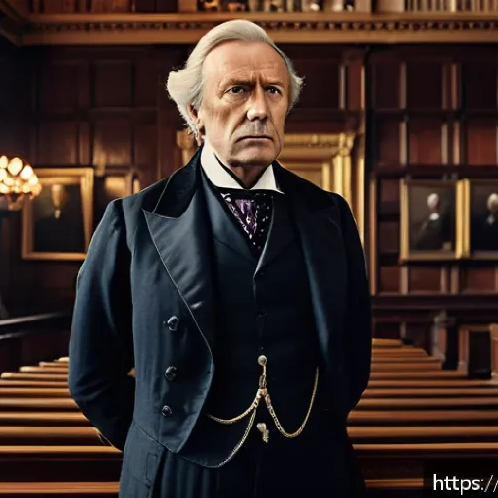 영국 유명 인물 - A dignified 19th-century British political leader standing in a grand historic parliament chamber, d...