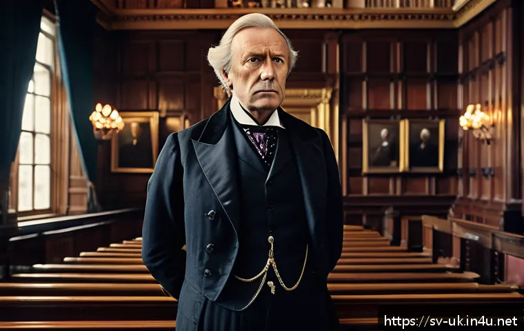 영국 유명 인물 - A dignified 19th-century British political leader standing in a grand historic parliament chamber, d...