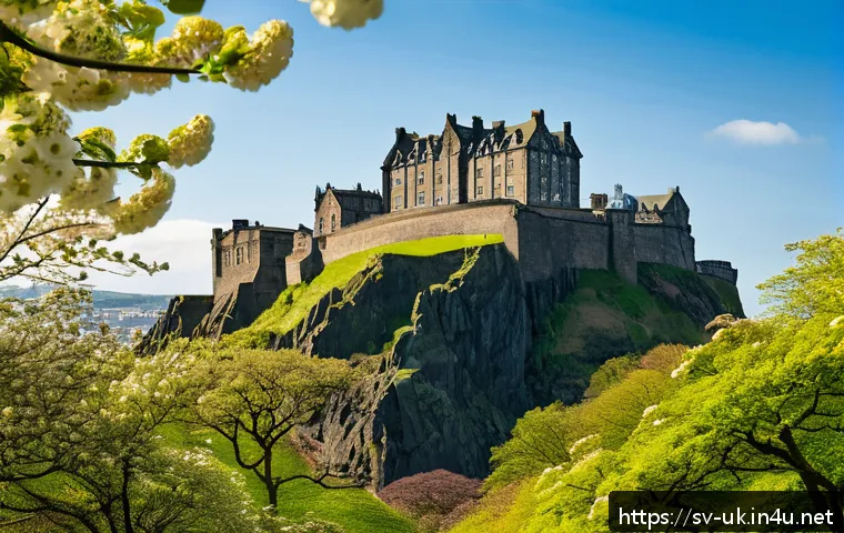 에든버러 성 역사와 전설 - A majestic view of Edinburgh Castle perched atop the volcanic Castle Rock during a bright spring mor...