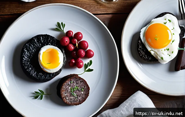 블랙 푸딩의 유래 - A rustic Nordic kitchen scene featuring a traditional black pudding breakfast plate from northern Sw...