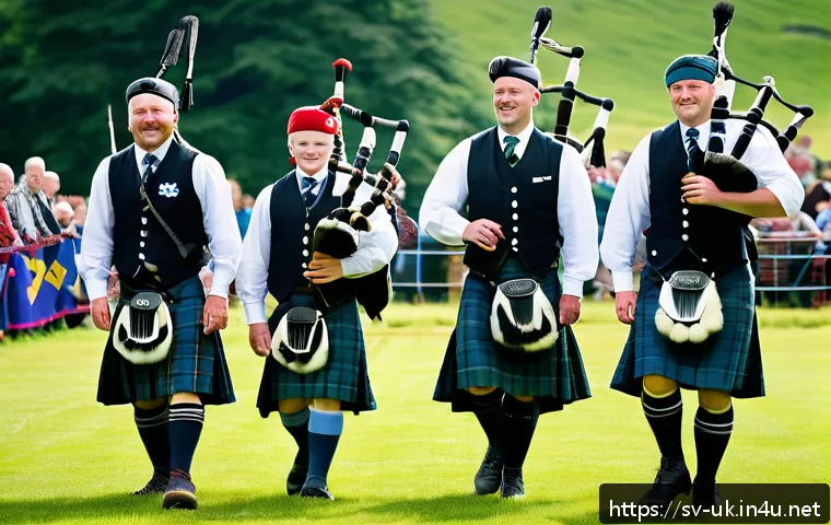 스코틀랜드 독립운동 역사 - A vibrant Scottish cultural festival scene featuring diverse people dressed in traditional kilts and...