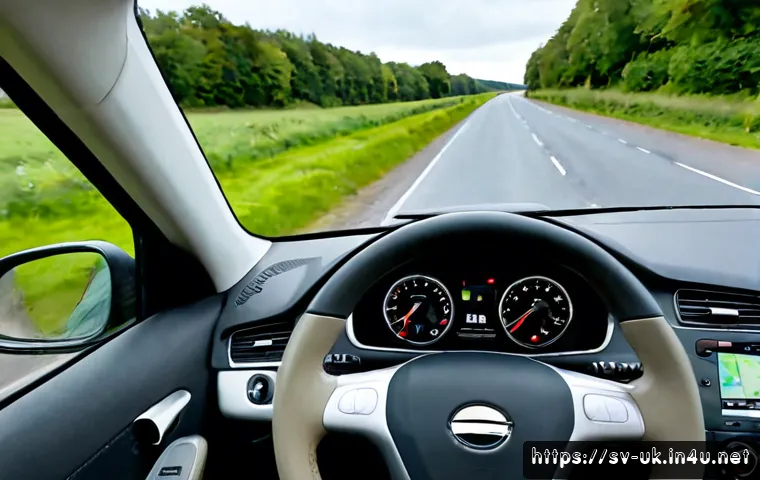 영국의 좌측통행 운전법 - Photorealistic wide-angle view from inside a modern rental car in the United Kingdom, a Swedish tour...